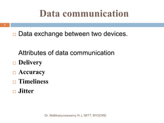 Data communication
 Data exchange between two devices.
Attributes of data communication
 Delivery
 Accuracy
 Timeliness
 Jitter
1
Dr. Mallikarjunaswamy N J, MITT, MYSORE
 