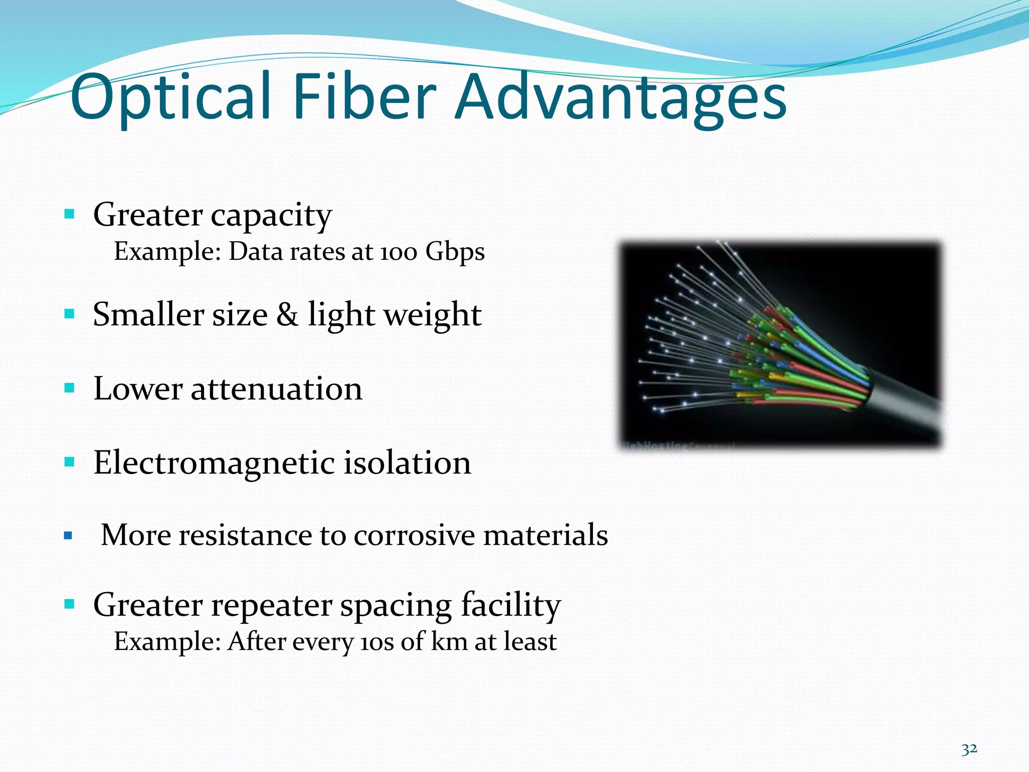 Optical Fiber Advantages
 Greater capacity
Example: Data rates at 100 Gbps
 Smaller size & light weight
 Lower attenuation
 Electromagnetic isolation
 More resistance to corrosive materials
 Greater repeater spacing facility
Example: After every 10s of km at least
32
 