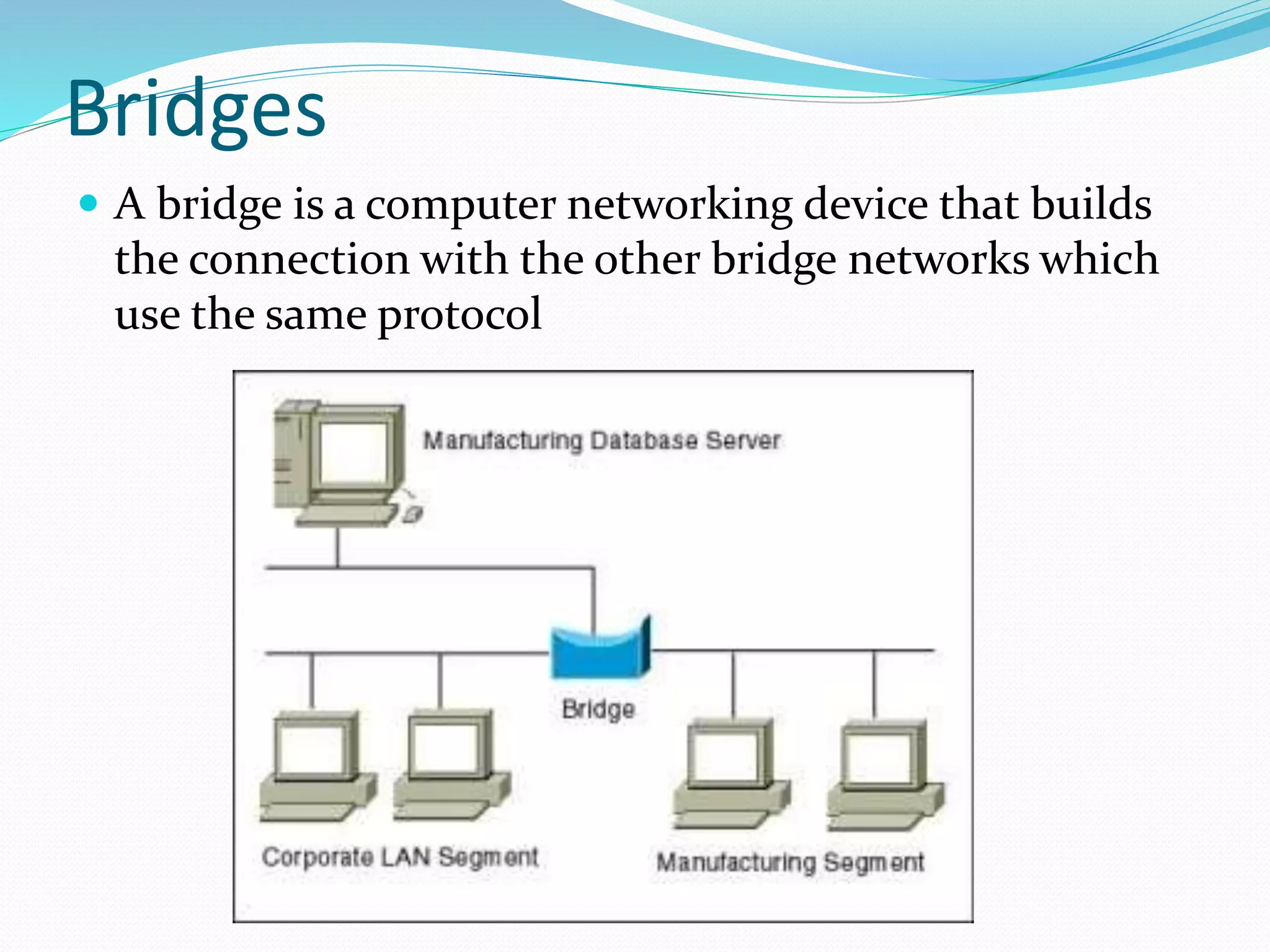 Bridges
 A bridge is a computer networking device that builds
the connection with the other bridge networks which
use the same protocol
 