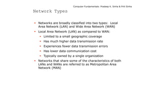 Computer Fundamentals: Pradeep K. Sinha & Priti Sinha
Network Types
 Networks are broadly classified into two types: Local
Area Network (LAN) and Wide Area Network (WAN)
 Local Area Network (LAN) as compared to WAN:
 Limited to a small geographic coverage
 Has much higher data transmission rate
 Experiences fewer data transmission errors
 Has lower data communication cost
 Typically owned by a single organization
 Networks that share some of the characteristics of both
LANs and WANs are referred to as Metropolitan Area
Network (MAN)
 