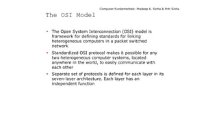 Computer Fundamentals: Pradeep K. Sinha & Priti Sinha
The OSI Model
 The Open System Interconnection (OSI) model is
framework for defining standards for linking
heterogeneous computers in a packet switched
network
 Standardized OSI protocol makes it possible for any
two heterogeneous computer systems, located
anywhere in the world, to easily communicate with
each other
 Separate set of protocols is defined for each layer in its
seven-layer architecture. Each layer has an
independent function
 