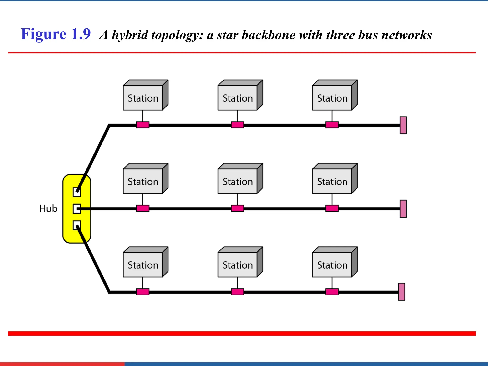 Figure 1.9 A hybrid topology: a star backbone with three bus networks
 