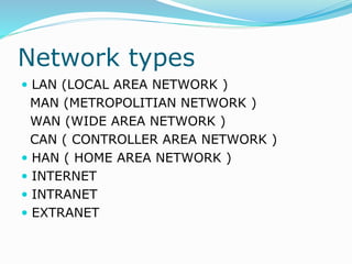 Network types
 LAN (LOCAL AREA NETWORK )
MAN (METROPOLITIAN NETWORK )
WAN (WIDE AREA NETWORK )
CAN ( CONTROLLER AREA NETWORK )
 HAN ( HOME AREA NETWORK )
 INTERNET
 INTRANET
 EXTRANET
 