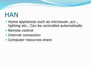 HAN
 Home appliances such as microovan ,a/c ,
lighting etc.. Can be controlled automatically
 Remote control
 Internet connection
 Computer resources share
 