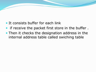  It consists buffer for each link
 if receive the packet first store in the buffer .
 Then it checks the designation address in the
internal address table called swiching table
 
