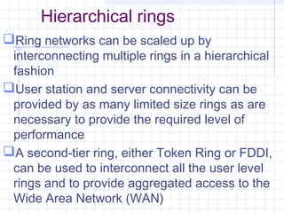 Hierarchical rings
Ring networks can be scaled up by
interconnecting multiple rings in a hierarchical
fashion
User station and server connectivity can be
provided by as many limited size rings as are
necessary to provide the required level of
performance
A second-tier ring, either Token Ring or FDDI,
can be used to interconnect all the user level
rings and to provide aggregated access to the
Wide Area Network (WAN)
 