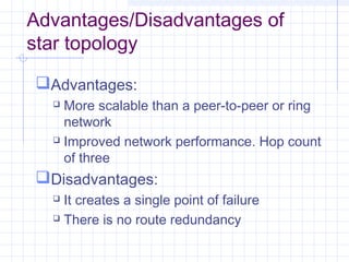 Advantages/Disadvantages of
star topology
Advantages:
 More scalable than a peer-to-peer or ring
network
 Improved network performance. Hop count
of three
Disadvantages:
 It creates a single point of failure
 There is no route redundancy
 