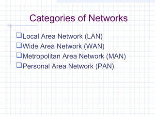 Categories of Networks
Local Area Network (LAN)
Wide Area Network (WAN)
Metropolitan Area Network (MAN)
Personal Area Network (PAN)
 