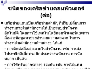 ชนิดของเครือข่ายคอมพิวเตอร์  ( ต่อ ) เครือข่ายแลนเป็นเครือข่ายสำคัญที่ปรับเปลี่ยนการทำงานภายในสำนักงานให้เป็นระบบสำนักงานอัตโนมัติ โดยการใช้เทคโนโลยีคอมพิวเตอร์และการสื่อสารข้อมูลมาช่วยอำนวยความสะดวก ในการทำงานในสำนักงานด้านต่างๆ ได้แก่   -  การติดต่อสื่อสารภายในสำนักงาน เช่น การส่งไปรษณีย์อิเล็กทรอนิกส์ระหว่างพนักงาน การนัดหมาย เป็นต้น -  การใช้ทรัพยากรต่างๆ ร่วมกัน เช่น การใช้แฟ้มข้อมูล หรือ ฐานข้อมูลกลางระหว่างหน่วยงาน การใช้เครื่องพิมพ์ร่วมกัน เป็นต้น -  การทำงานร่วมกัน เช่น การทำงานกลุ่ม เพื่อส่งเอกสารระหว่างสมาชิกในกลุ่ม การประชุมทางไกล เป็นต้น 