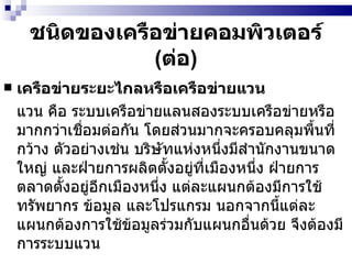 ชนิดของเครือข่ายคอมพิวเตอร์  ( ต่อ ) เครือข่ายระยะไกลหรือเครือข่ายแวน   แวน คือ ระบบเครือข่ายแลนสองระบบเครือข่ายหรือมากกว่าเชื่อมต่อกัน โดยส่วนมากจะครอบคลุมพื้นที่กว้าง ตัวอย่างเช่น บริษัทแห่งหนึ่งมีสำนักงานขนาดใหญ่ และฝ่ายการผลิตตั้งอยู่ที่เมืองหนึ่ง ฝ่ายการตลาดตั้งอยู่อีกเมืองหนึ่ง แต่ละแผนกต้องมีการใช้ทรัพยากร ข้อมูล และโปรแกรม นอกจากนี้แต่ละแผนกต้องการใช้ข้อมูลร่วมกับแผนกอื่นด้วย จึงต้องมีการระบบแวน 