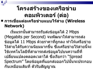 โครงสร้างของเครือข่ายคอมพิวเตอร์  ( ต่อ ) การเชื่อมต่อเครือข่ายแบบไร้สาย  ( Wireless Network)   เริ่มแรกนั้นสามารถรับส่งข้อมูลได้  2  Mbps (Megabits per Second)  จนพัฒนาให้สามารถส่งข้อมูลได้  11   Mbps  ด้วยราคาที่ถูกลง ทำให้เครือข่ายไร้สายได้รับความนิยมมากขึ้น ซึ่งเครือข่ายไร้สายนี้จะใช้เทคโนโลยีที่สามารถส่งข้อมูลไปบนความถี่ที่เปลี่ยนแปลงตลอดเวลาได้ ซึ่งเรียกว่า  “ Spread Spectrum”  โดยข้อมูลที่แยกส่งออกไปนั้นจะประกอบกันเหมือนเดิมที่ ตัวรับสัญญาณ   เครือข่ายไร้สายจะช่วยอำนวยความสะดวกและความคล่องตัวในการใช้งานเครือข่าย ไม่ว่าจะอยู่ที่ไหนภายในบริเวณพื้นที่ของเครือข่ายก็สามารถเข้าถึงข้อมูลและใช้ข้อมูลได้อย่างเต็มที่เช่นเดียวกับเครือข่ายปกติ   