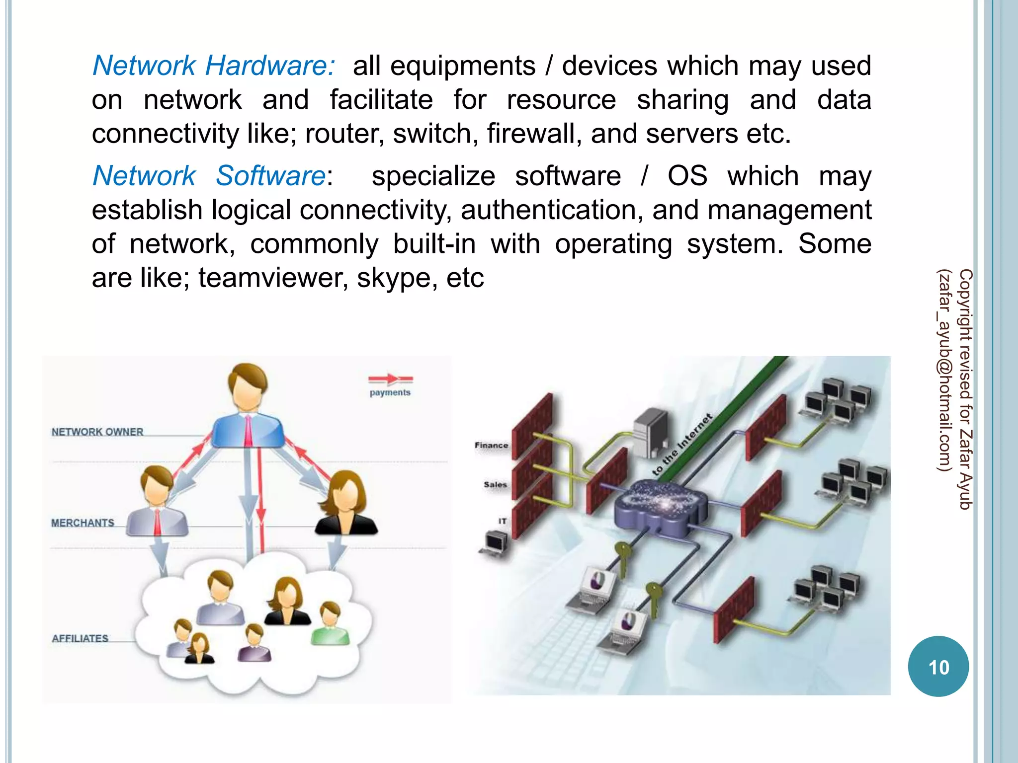 Network Hardware: all equipments / devices which may used
on network and facilitate for resource sharing and data
connectivity like; router, switch, firewall, and servers etc.
Network Software: specialize software / OS which may
establish logical connectivity, authentication, and management
of network, commonly built-in with operating system. Some
are like; teamviewer, skype, etc




                                                                 (zafar_ayub@hotmail.com)
                                                                 Copyright revised for Zafar Ayub
                                                                 10
 