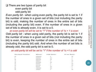  There are two types of parity bit
         even parity bit
         odd parity bit
Even parity bit - when using even parity, the parity bit is set to 1 if
the number of ones in a given set of bits (not including the parity
bit) is odd, making the number of ones in the entire set of bits
(including the parity bit) even. If the number of ones in a given




                                                                           (zafar_ayub@hotmail.com)
                                                                           Copyright revised for Zafar Ayub
set of bits is already even, it is set to a 0.
   an even parity bit will be set to "1" if the number of 1s + 1 is even
Odd parity bit - when using odd parity, the parity bit is set to 1 if
the number of ones in a given set of bits (not including the parity
bit) is even, keeping the number of ones in the entire set of bits
(including the parity bit) odd. And when the number of set bits is
already odd, the odd parity bit is set to 0.
     an odd parity bit will be set to "1" if the number of 1s +1 is odd




                                                                           21
 