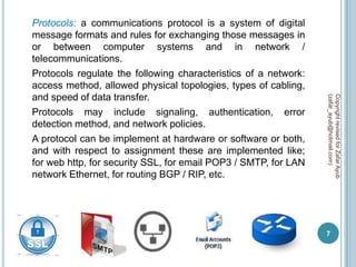 Protocols: a communications protocol is a system of digital
message formats and rules for exchanging those messages in
or between computer systems and in network /
telecommunications.
Protocols regulate the following characteristics of a network:
access method, allowed physical topologies, types of cabling,
and speed of data transfer.




                                                                 (zafar_ayub@hotmail.com)
                                                                 Copyright revised for Zafar Ayub
Protocols may include signaling, authentication, error
detection method, and network policies.
A protocol can be implement at hardware or software or both,
and with respect to assignment these are implemented like;
for web http, for security SSL, for email POP3 / SMTP, for LAN
network Ethernet, for routing BGP / RIP, etc.




                                                                 7
 