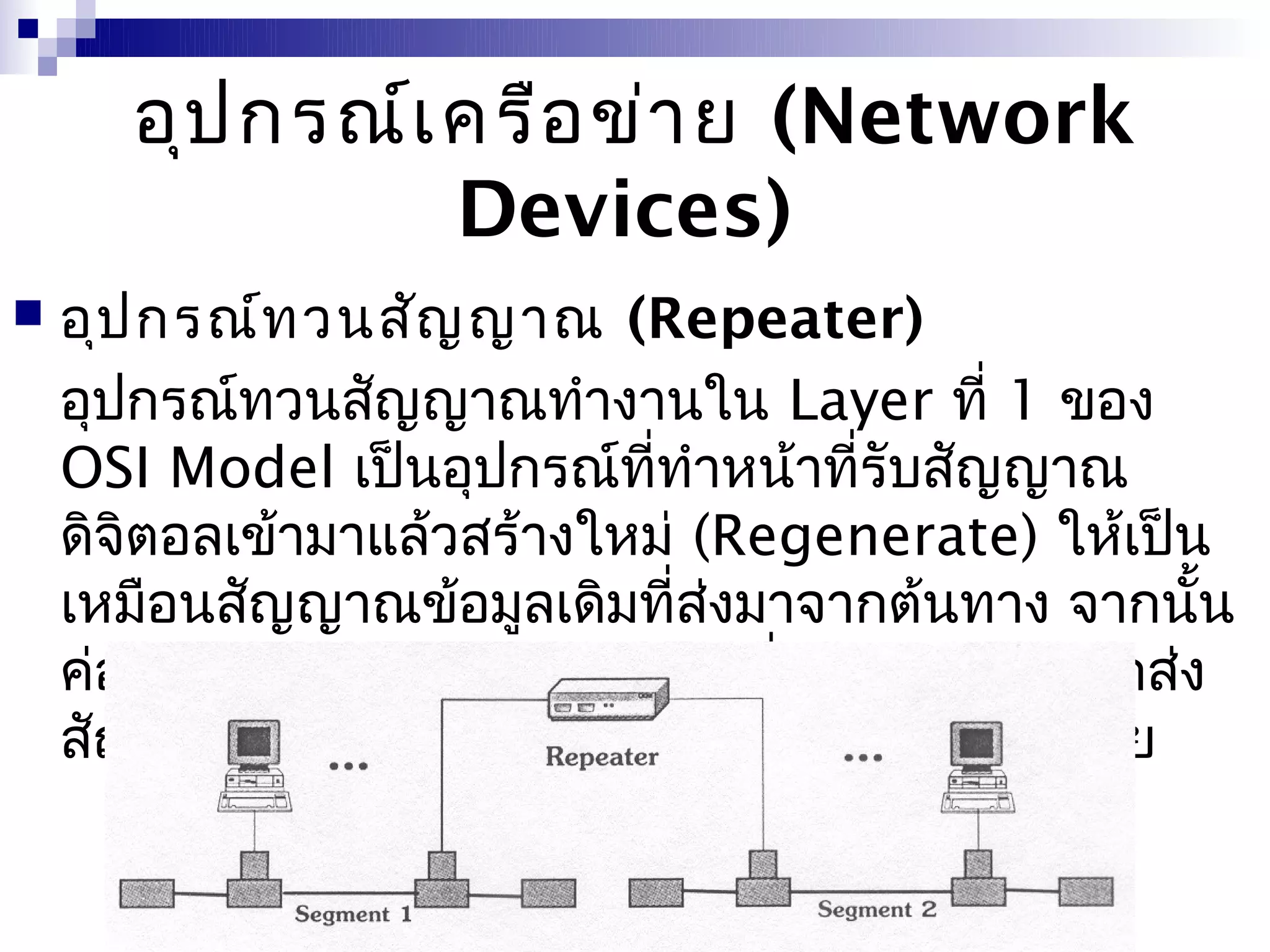 อุป กรณ์เ ครือ ข่า ย (Network
                 Devices)
   อุป กรณ์ท วนสัญ ญาณ (Repeater)
    อุปกรณ์ทวนสัญญาณทำางานใน Layer ที่ 1 ของ
    OSI Model เป็นอุปกรณ์ที่ทำาหน้าที่รับสัญญาณ
    ดิจิตอลเข้ามาแล้วสร้างใหม่ (Regenerate) ให้เป็น
    เหมือนสัญญาณข้อมูลเดิมที่ส่งมาจากต้นทาง จากนั้น
    ค่อยส่งต่อออกไปยังอุปกรณ์ตัวอื่น ทำาให้สามารถส่ง
    สัญญาณไปได้ไกลขึ้น โดยที่สัญญาณไม่สูญหาย
 