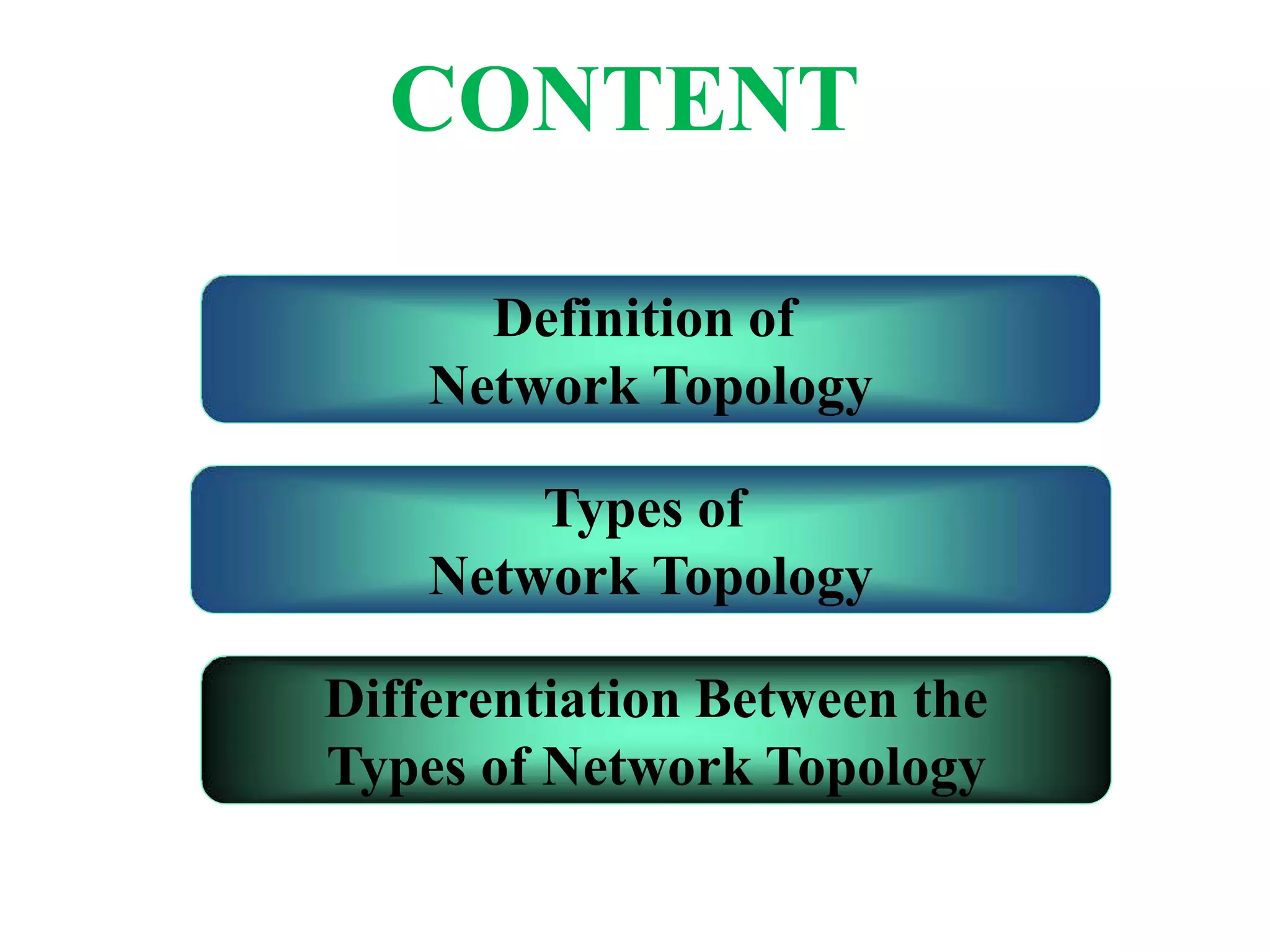 Definition of
Network Topology
Types of
Network Topology
Differentiation Between the
Types of Network Topology
CONTENT
 