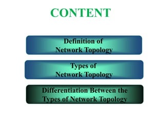 Definition of
Network Topology
Types of
Network Topology
Differentiation Between the
Types of Network Topology
CONTENT
 