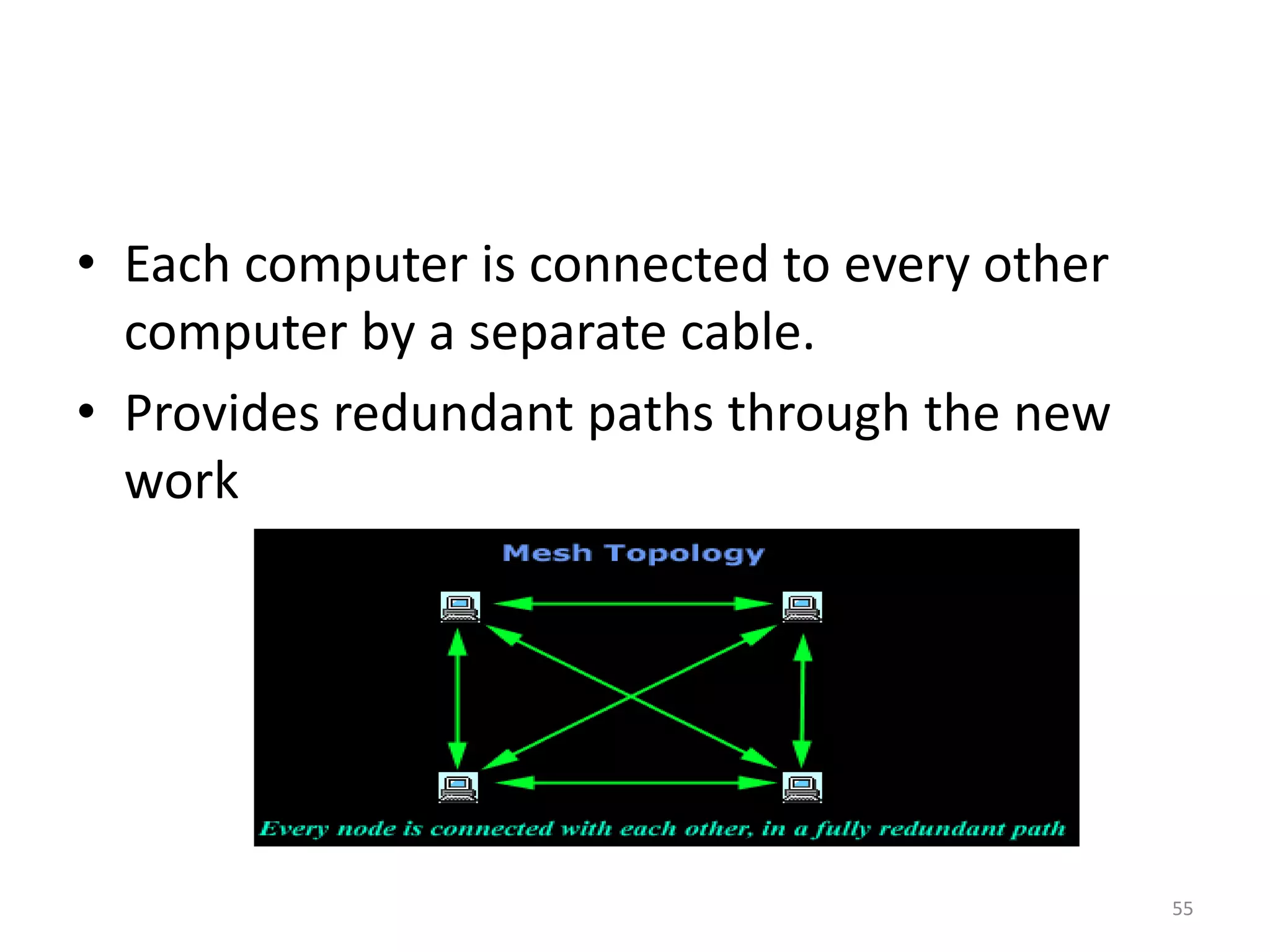 • Each computer is connected to every other
computer by a separate cable.
• Provides redundant paths through the new
work
55
 