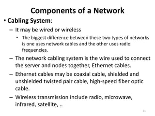 Components of a Network
• Cabling System:
– It may be wired or wireless
• The biggest difference between these two types of networks
is one uses network cables and the other uses radio
frequencies.
– The network cabling system is the wire used to connect
the server and nodes together, Ethernet cables.
– Ethernet cables may be coaxial cable, shielded and
unshielded twisted pair cable, high-speed fiber optic
cable.
– Wireless transmission include radio, microwave,
infrared, satellite, ..
21
 