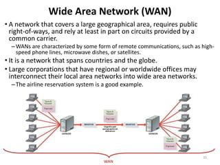 Wide Area Network (WAN)
• A network that covers a large geographical area, requires public
right-of-ways, and rely at least in part on circuits provided by a
common carrier.
–WANs are characterized by some form of remote communications, such as high-
speed phone lines, microwave dishes, or satellites.
• It is a network that spans countries and the globe.
• Large corporations that have regional or worldwide offices may
interconnect their local area networks into wide area networks.
–The airline reservation system is a good example.
WAN
31
 