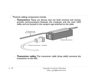 ¢    Thicknet cabling components include;
      ¢ Transceivers These are devices that can both transmit and receive,
         provide communications between the computer and the main LAN
         cable, and are located in the vampire taps attached to the cable




         ¢   Transceiver cables The transceiver cable (drop cable) connects the
             transceiver to the NIC.



    39                                 Copyright revised for Zafar Ayub
                                           (zafar_ayub@hotmail.com)
 