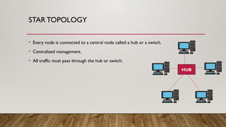 STARTOPOLOGY
• Every node is connected to a central node called a hub or a switch.
• Centralized management.
• All traffic must pass through the hub or switch.
HUB
 