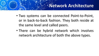 Network Architecture
• Two systems can be connected Point-to-Point,
or in back-to-back fashion. They both reside at
the same level and called peers.
• There can be hybrid network which involves
network architecture of both the above types.
 