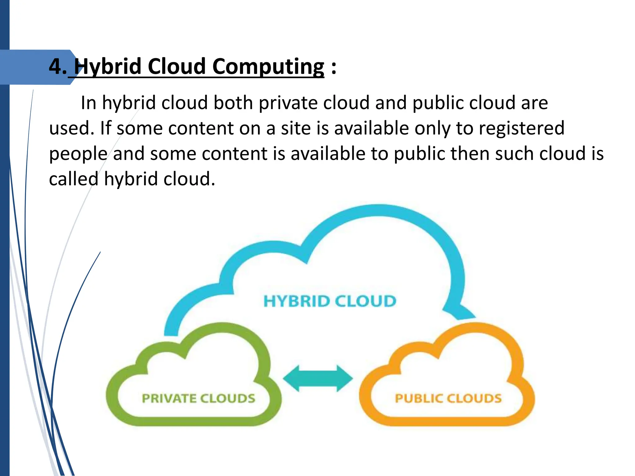 4. Hybrid Cloud Computing :
In hybrid cloud both private cloud and public cloud are
used. If some content on a site is available only to registered
people and some content is available to public then such cloud is
called hybrid cloud.
 