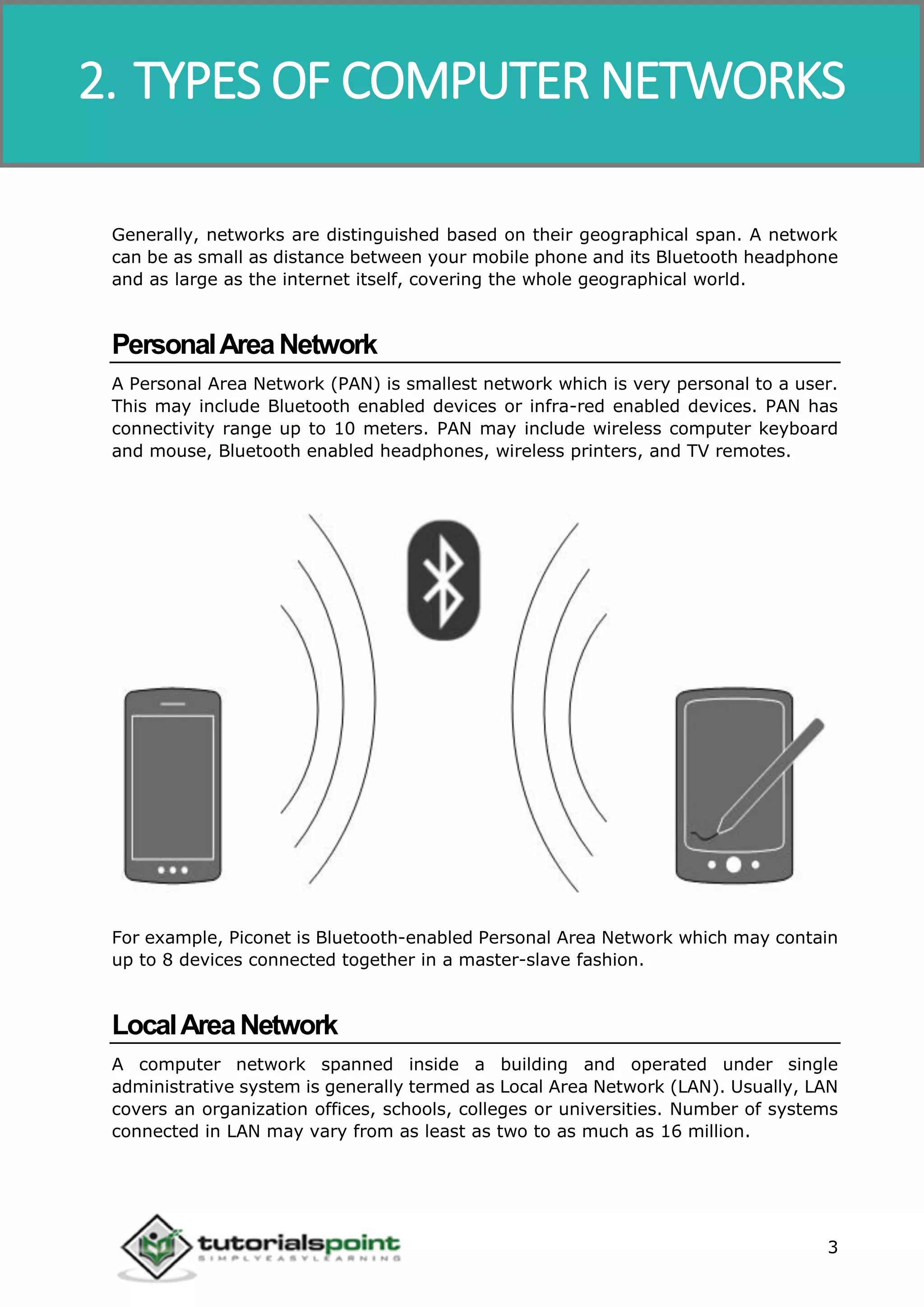 Data Communication and Computer Network
3
Generally, networks are distinguished based on their geographical span. A network
can be as small as distance between your mobile phone and its Bluetooth headphone
and as large as the internet itself, covering the whole geographical world.
PersonalAreaNetwork
A Personal Area Network (PAN) is smallest network which is very personal to a user.
This may include Bluetooth enabled devices or infra-red enabled devices. PAN has
connectivity range up to 10 meters. PAN may include wireless computer keyboard
and mouse, Bluetooth enabled headphones, wireless printers, and TV remotes.
For example, Piconet is Bluetooth-enabled Personal Area Network which may contain
up to 8 devices connected together in a master-slave fashion.
LocalAreaNetwork
A computer network spanned inside a building and operated under single
administrative system is generally termed as Local Area Network (LAN). Usually, LAN
covers an organization offices, schools, colleges or universities. Number of systems
connected in LAN may vary from as least as two to as much as 16 million.
2. TYPES OF COMPUTER NETWORKS
 