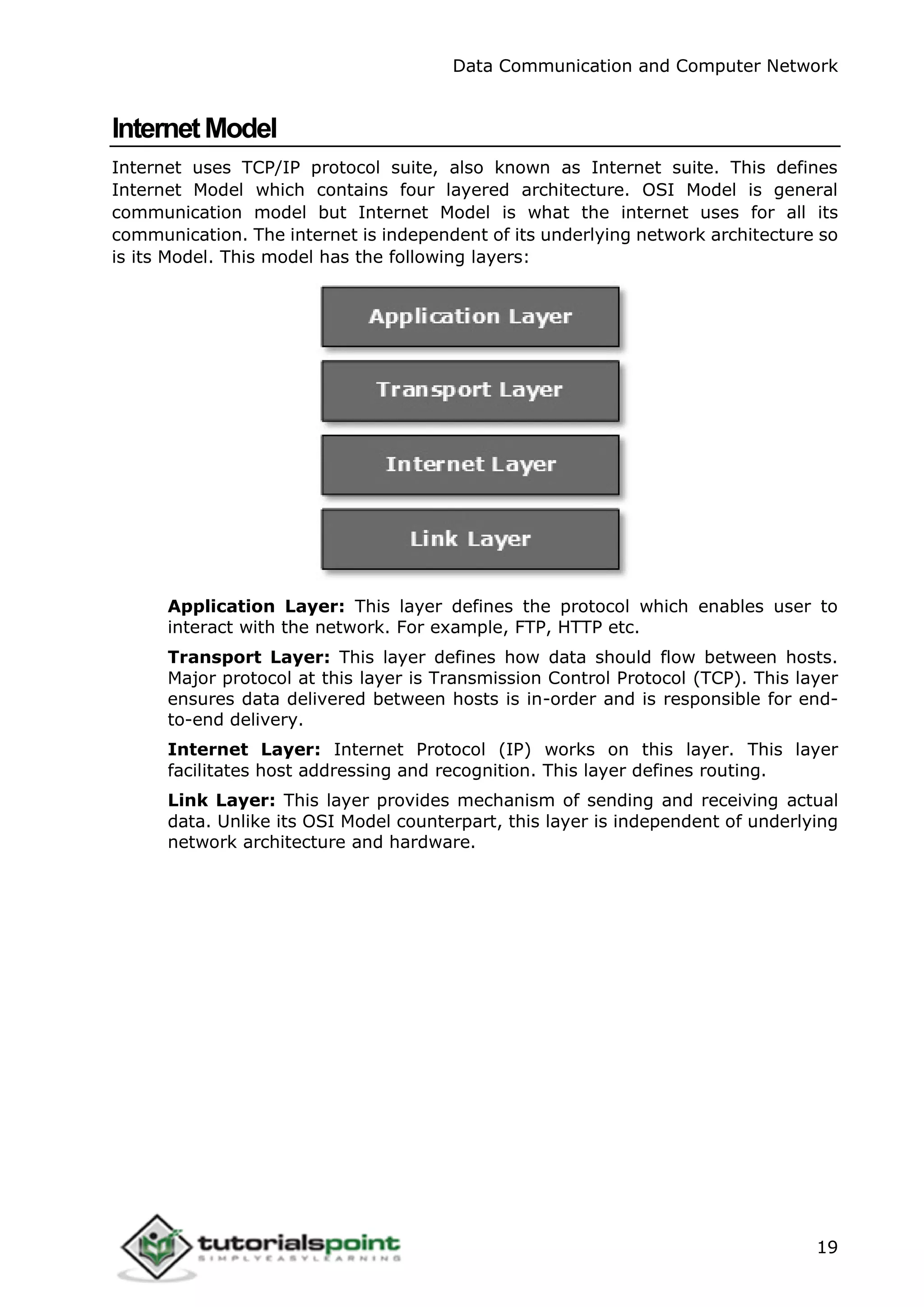 Data Communication and Computer Network
19
InternetModel
Internet uses TCP/IP protocol suite, also known as Internet suite. This defines
Internet Model which contains four layered architecture. OSI Model is general
communication model but Internet Model is what the internet uses for all its
communication. The internet is independent of its underlying network architecture so
is its Model. This model has the following layers:
Application Layer: This layer defines the protocol which enables user to
interact with the network. For example, FTP, HTTP etc.
Transport Layer: This layer defines how data should flow between hosts.
Major protocol at this layer is Transmission Control Protocol (TCP). This layer
ensures data delivered between hosts is in-order and is responsible for end-
to-end delivery.
Internet Layer: Internet Protocol (IP) works on this layer. This layer
facilitates host addressing and recognition. This layer defines routing.
Link Layer: This layer provides mechanism of sending and receiving actual
data. Unlike its OSI Model counterpart, this layer is independent of underlying
network architecture and hardware.
 