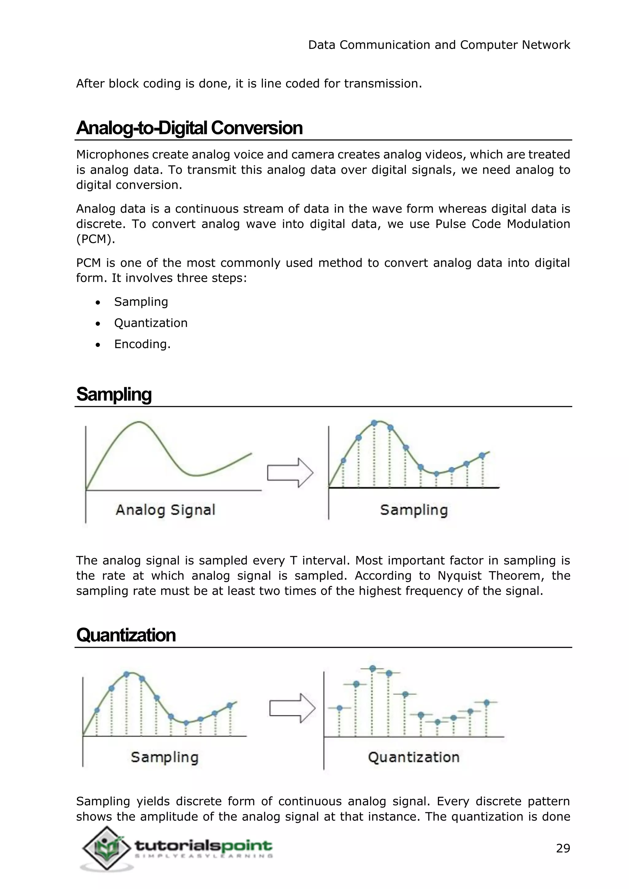 Data Communication and Computer Network
29
After block coding is done, it is line coded for transmission.
Analog-to-DigitalConversion
Microphones create analog voice and camera creates analog videos, which are treated
is analog data. To transmit this analog data over digital signals, we need analog to
digital conversion.
Analog data is a continuous stream of data in the wave form whereas digital data is
discrete. To convert analog wave into digital data, we use Pulse Code Modulation
(PCM).
PCM is one of the most commonly used method to convert analog data into digital
form. It involves three steps:
 Sampling
 Quantization
 Encoding.
Sampling
The analog signal is sampled every T interval. Most important factor in sampling is
the rate at which analog signal is sampled. According to Nyquist Theorem, the
sampling rate must be at least two times of the highest frequency of the signal.
Quantization
Sampling yields discrete form of continuous analog signal. Every discrete pattern
shows the amplitude of the analog signal at that instance. The quantization is done
 
