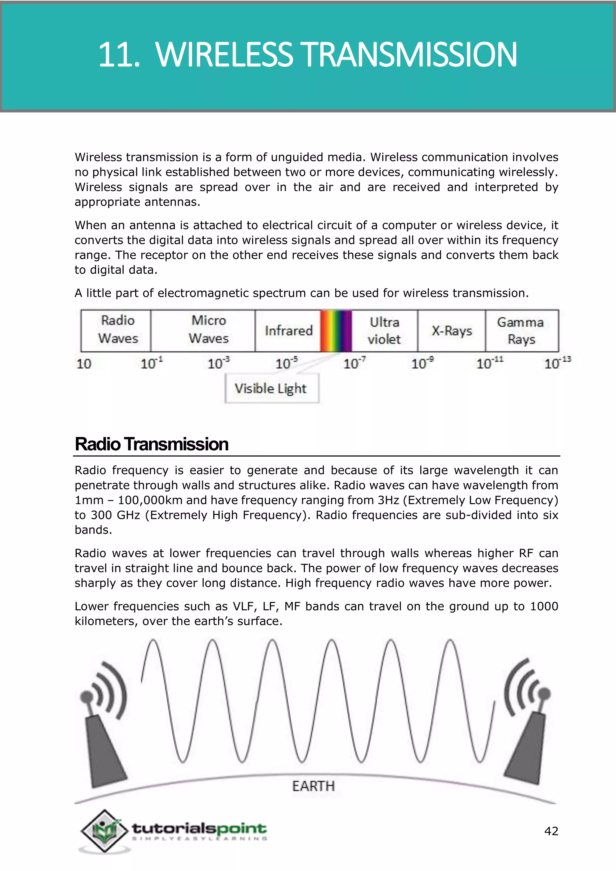 Data Communication and Computer Network
42
Wireless transmission is a form of unguided media. Wireless communication involves
no physical link established between two or more devices, communicating wirelessly.
Wireless signals are spread over in the air and are received and interpreted by
appropriate antennas.
When an antenna is attached to electrical circuit of a computer or wireless device, it
converts the digital data into wireless signals and spread all over within its frequency
range. The receptor on the other end receives these signals and converts them back
to digital data.
A little part of electromagnetic spectrum can be used for wireless transmission.
RadioTransmission
Radio frequency is easier to generate and because of its large wavelength it can
penetrate through walls and structures alike. Radio waves can have wavelength from
1mm – 100,000km and have frequency ranging from 3Hz (Extremely Low Frequency)
to 300 GHz (Extremely High Frequency). Radio frequencies are sub-divided into six
bands.
Radio waves at lower frequencies can travel through walls whereas higher RF can
travel in straight line and bounce back. The power of low frequency waves decreases
sharply as they cover long distance. High frequency radio waves have more power.
Lower frequencies such as VLF, LF, MF bands can travel on the ground up to 1000
kilometers, over the earth’s surface.
11. WIRELESS TRANSMISSION
 