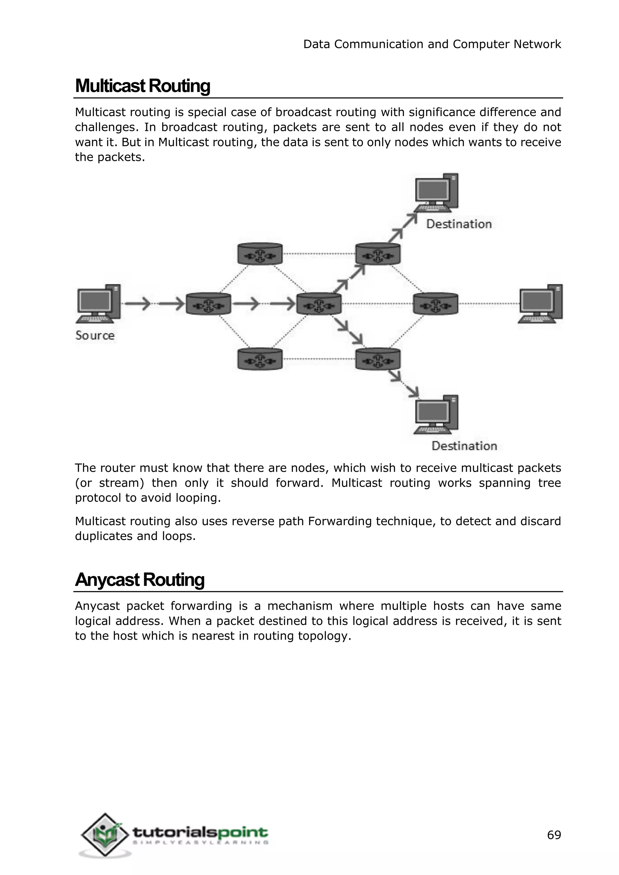 Data Communication and Computer Network
69
MulticastRouting
Multicast routing is special case of broadcast routing with significance difference and
challenges. In broadcast routing, packets are sent to all nodes even if they do not
want it. But in Multicast routing, the data is sent to only nodes which wants to receive
the packets.
The router must know that there are nodes, which wish to receive multicast packets
(or stream) then only it should forward. Multicast routing works spanning tree
protocol to avoid looping.
Multicast routing also uses reverse path Forwarding technique, to detect and discard
duplicates and loops.
AnycastRouting
Anycast packet forwarding is a mechanism where multiple hosts can have same
logical address. When a packet destined to this logical address is received, it is sent
to the host which is nearest in routing topology.
 
