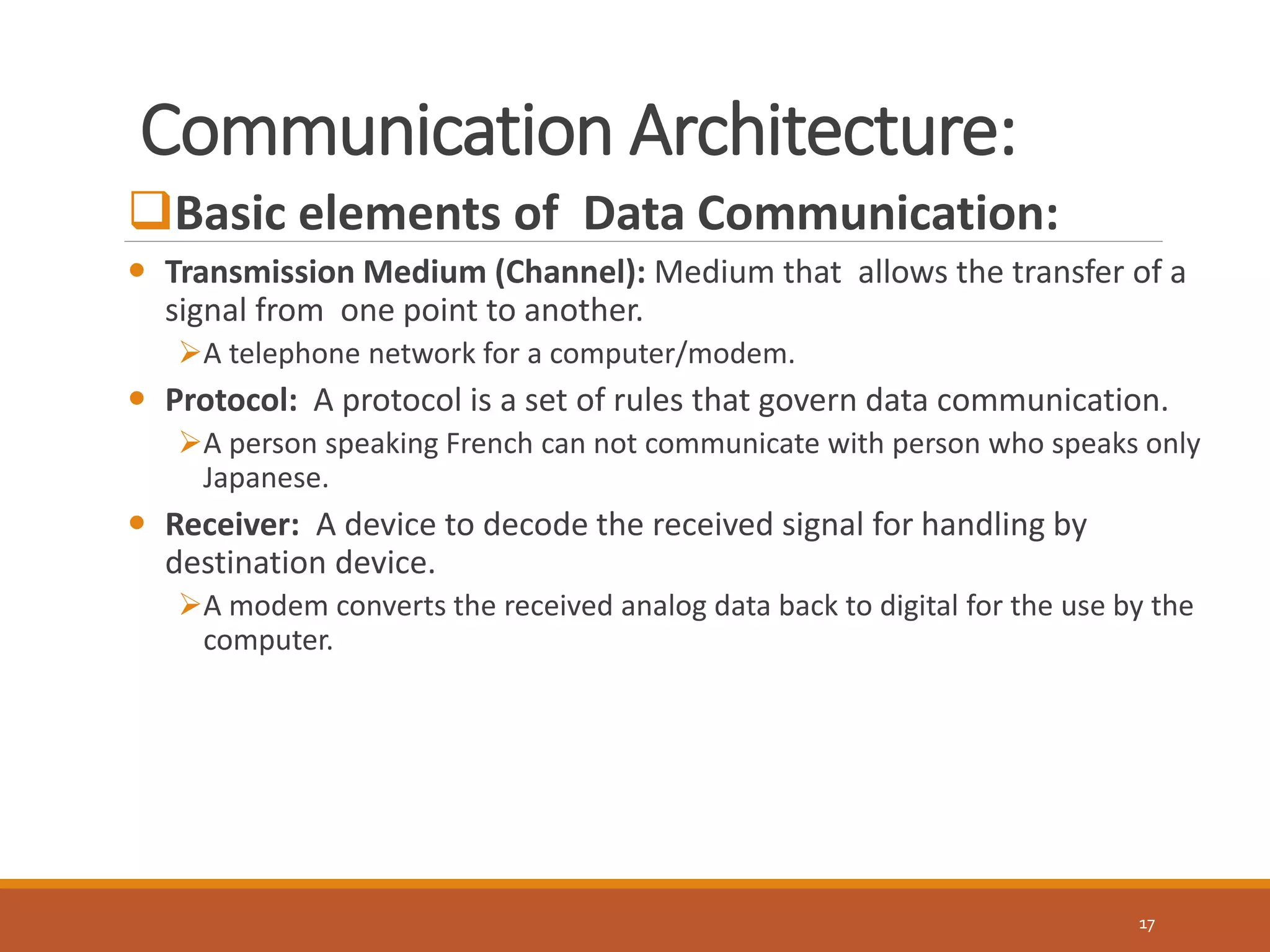 Communication Architecture:
17
Basic elements of Data Communication:
 Transmission Medium (Channel): Medium that allows the transfer of a
signal from one point to another.
A telephone network for a computer/modem.
 Protocol: A protocol is a set of rules that govern data communication.
A person speaking French can not communicate with person who speaks only
Japanese.
 Receiver: A device to decode the received signal for handling by
destination device.
A modem converts the received analog data back to digital for the use by the
computer.
 