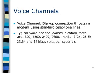 Voice Channels
18
 Voice Channel: Dial-up connection through a
modem using standard telephone lines.
 Typical voice channel communication rates
are: 300, 1200, 2400, 9600, 14.4k, 19.2k, 28.8k,
33.6k and 56 kbps (bits per second).
 