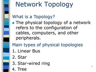 29
Network Topology
What is a Topology?
 The physical topology of a network
refers to the configuration of
cables, computers, and other
peripherals.
Main types of physical topologies
1. Linear Bus
2. Star
3. Star-wired ring
4. Tree
 