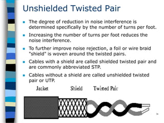 Unshielded Twisted Pair
 The degree of reduction in noise interference is
determined specifically by the number of turns per foot.
 Increasing the number of turns per foot reduces the
noise interference.
 To further improve noise rejection, a foil or wire braid
"shield" is woven around the twisted pairs.
 Cables with a shield are called shielded twisted pair and
are commonly abbreviated STP.
 Cables without a shield are called unshielded twisted
pair or UTP.
58
 
