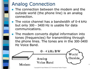 CopyrightMr.Anjan Mahanta LCCTInternational Studies Program
15
Analog Connection
 The connection between the modem and the
outside world (the phone line) is an analog
connection.
 The voice channel has a bandwidth of 0-4 kHz
but only 300 - 3400 Hz is usable for data
communications.
 The modem converts digital information into
tones (frequencies) for transmitting through
the phone lines. The tones are in the 300-3400
Hz Voice Band.
 