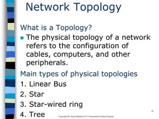 CopyrightMr.Anjan Mahanta LCCTInternational Studies Program
29
Network Topology
What is a Topology?
 The physical topology of a network
refers to the configuration of
cables, computers, and other
peripherals.
Main types of physical topologies
1. Linear Bus
2. Star
3. Star-wired ring
4. Tree
 