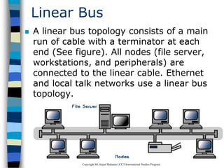 CopyrightMr.Anjan Mahanta LCCTInternational Studies Program
30
Linear Bus
 A linear bus topology consists of a main
run of cable with a terminator at each
end (See figure). All nodes (file server,
workstations, and peripherals) are
connected to the linear cable. Ethernet
and local talk networks use a linear bus
topology.
 