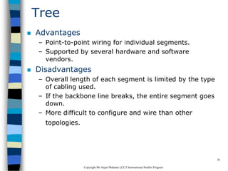 CopyrightMr.Anjan Mahanta LCCTInternational Studies Program
36
Tree
 Advantages
– Point-to-point wiring for individual segments.
– Supported by several hardware and software
vendors.
 Disadvantages
– Overall length of each segment is limited by the type
of cabling used.
– If the backbone line breaks, the entire segment goes
down.
– More difficult to configure and wire than other
topologies.
 