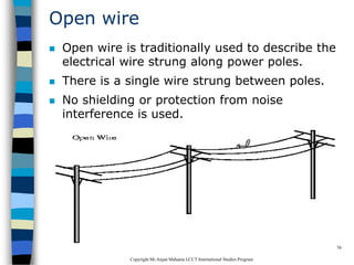 CopyrightMr.Anjan Mahanta LCCTInternational Studies Program
56
Open wire
 Open wire is traditionally used to describe the
electrical wire strung along power poles.
 There is a single wire strung between poles.
 No shielding or protection from noise
interference is used.
 