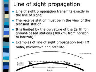 CopyrightMr.Anjan Mahanta LCCTInternational Studies Program
71
Line of sight propagation
 Line of sight propagation transmits exactly in
the line of sight.
 The receive station must be in the view of the
transmit station.
 It is limited by the curvature of the Earth for
ground-based stations (100 km, from horizon
to horizon).
 Examples of line of sight propagation are: FM
radio, microwave and satellite.
 