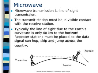 CopyrightMr.Anjan Mahanta LCCTInternational Studies Program
72
Microwave
 Microwave transmission is line of sight
transmission.
 The transmit station must be in visible contact
with the receive station.
 Typically the line of sight due to the Earth's
curvature is only 50 km to the horizon!
Repeater stations must be placed so the data
signal can hop, skip and jump across the
country.
 