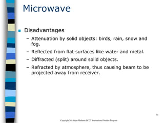 CopyrightMr.Anjan Mahanta LCCTInternational Studies Program
74
Microwave
 Disadvantages
– Attenuation by solid objects: birds, rain, snow and
fog.
– Reflected from flat surfaces like water and metal.
– Diffracted (split) around solid objects.
– Refracted by atmosphere, thus causing beam to be
projected away from receiver.
 
