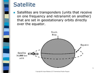 CopyrightMr.Anjan Mahanta LCCTInternational Studies Program
75
Satellite
 Satellites are transponders (units that receive
on one frequency and retransmit on another)
that are set in geostationary orbits directly
over the equator.
 