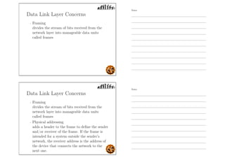 Data Link Layer Concerns
- Framing
divides the stream of bits received from the
network layer into manageable data units
called frames
Data Link Layer Concerns
- Framing
divides the stream of bits received from the
network layer into manageable data units
called frames
- Physical addressing
adds a header to the frame to deﬁne the sender
and/or receiver of the frame. If the frame is
intended for a system outside the sender’s
network, the receiver address is the address of
the device that connects the network to the
next one.
Notes
Notes
 