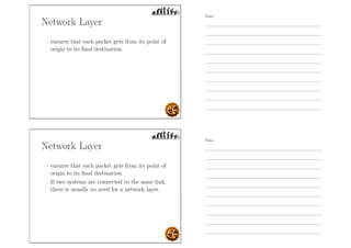 Network Layer
- ensures that each packet gets from its point of
origin to its ﬁnal destination.
Network Layer
- ensures that each packet gets from its point of
origin to its ﬁnal destination.
- If two systems are connected to the same link,
there is usually no need for a network layer.
Notes
Notes
 