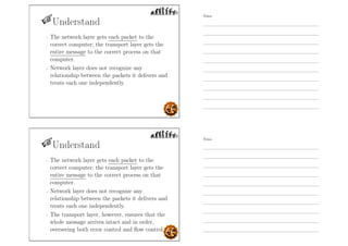 Understand
- The network layer gets each packet to the
correct computer; the transport layer gets the
entire message to the correct process on that
computer.
- Network layer does not recognize any
relationship between the packets it delivers and
treats each one independently.
Understand
- The network layer gets each packet to the
correct computer; the transport layer gets the
entire message to the correct process on that
computer.
- Network layer does not recognize any
relationship between the packets it delivers and
treats each one independently.
- The transport layer, however, ensures that the
whole message arrives intact and in order,
overseeing both error control and ﬂow control.
Notes
Notes
 