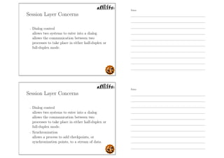 Session Layer Concerns
- Dialog control
allows two systems to enter into a dialog
allows the communication between two
processes to take place in either half-duplex or
full-duplex mode.
Session Layer Concerns
- Dialog control
allows two systems to enter into a dialog
allows the communication between two
processes to take place in either half-duplex or
full-duplex mode.
- Synchronization
allows a process to add checkpoints, or
synchronization points, to a stream of data.
Notes
Notes
 